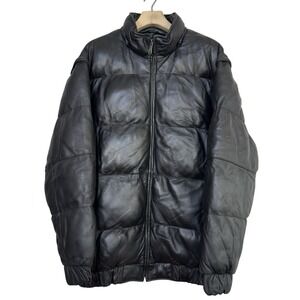 Vintage Italian Leather Puffer Jacket 3XL Black Lambskin Y2K Oversized PHAT BOI